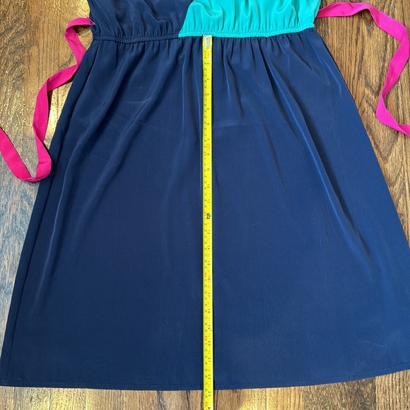 Navy Blue Color Block Dress with Pink Tie Around Waist - Picture 8 of 9
